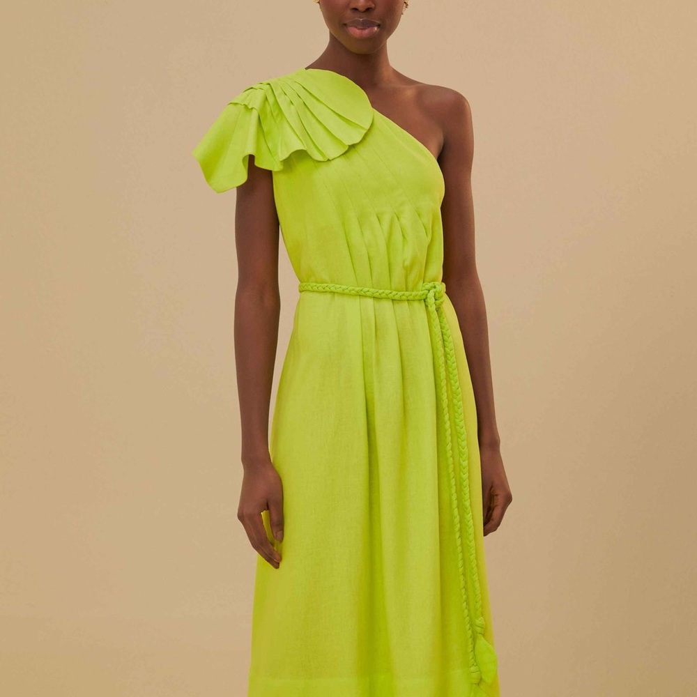 FARM Rio One-Shoulder Neon Lime Ruffle Dress with Braided Belt